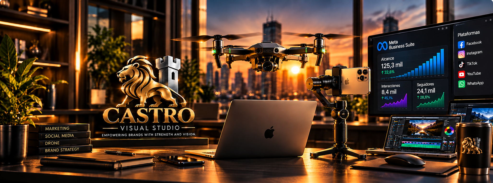 Castro Visual Studio workspace with a drone, camera, laptop, and the brand logo
